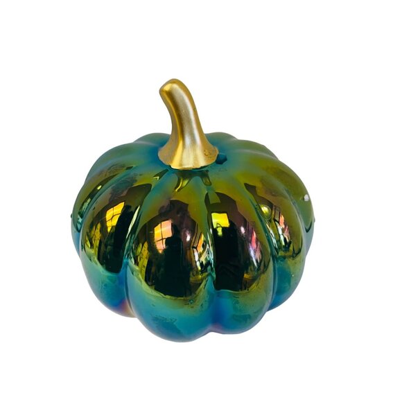 Iridescent Decorative Glass Pumpkin 5" Tall‎ Gold Stem Home Decor Fall Halloween - Picture 3 of 5